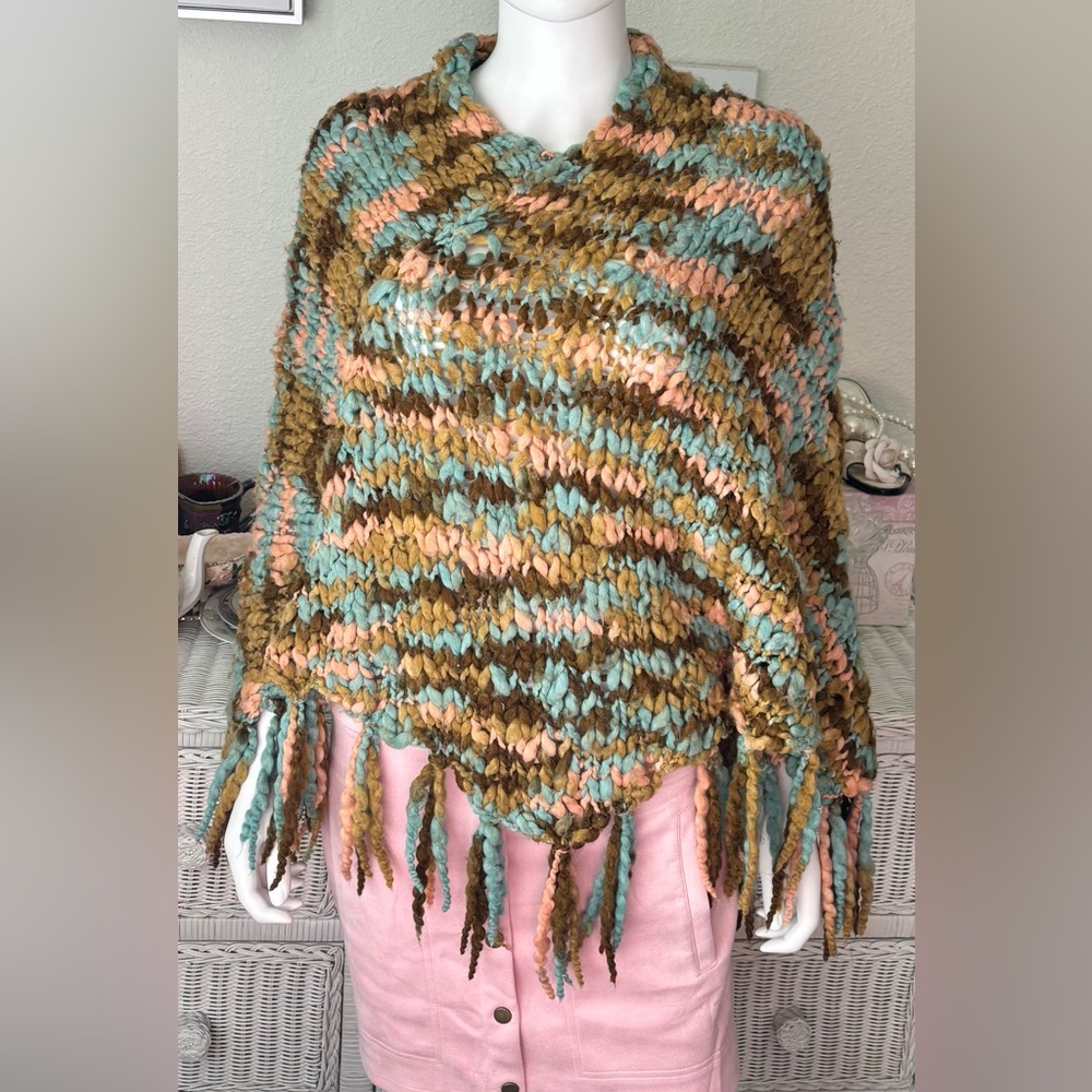 Micco Vintage Poncho Fringed Japanese Bulky Knit Wool Yarn Multicolored Size O/S